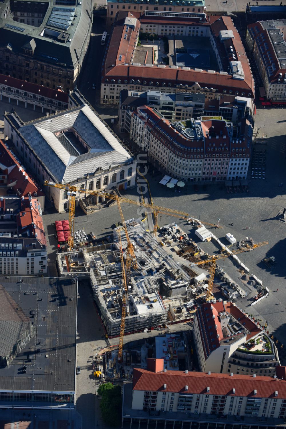 Dresden from the bird's eye view: Construction site of a new building Neumarkt - Palais of USD Immobilien GmbH in Dresden in the state Saxony