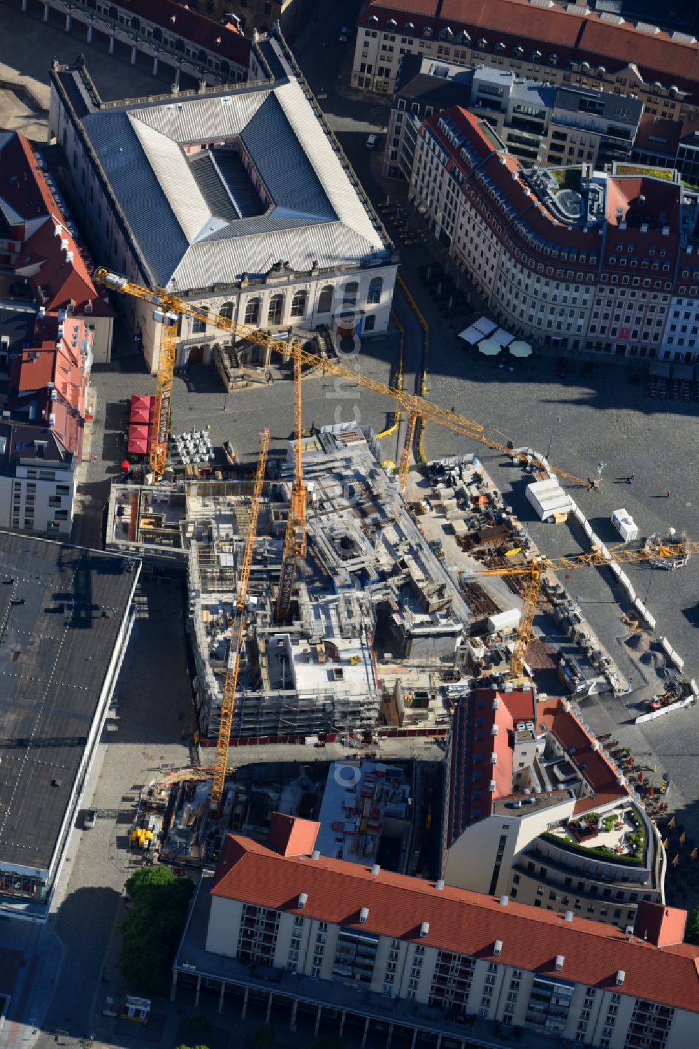 Aerial image Dresden - Construction site of a new building Neumarkt - Palais of USD Immobilien GmbH in Dresden in the state Saxony