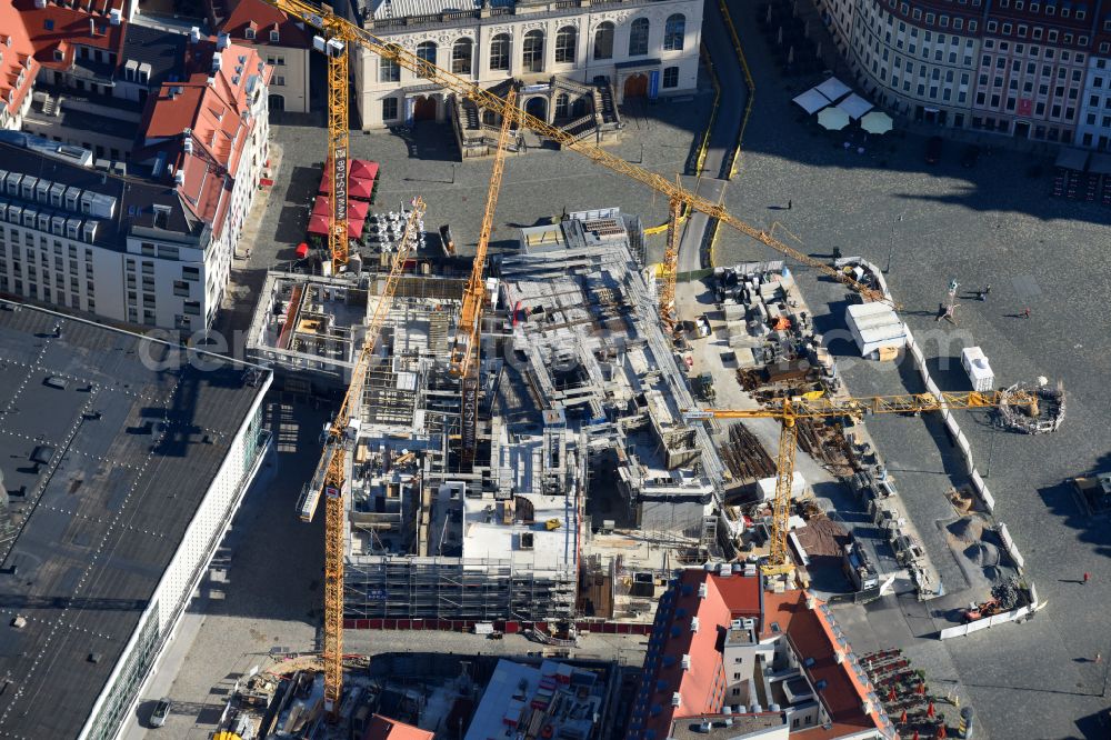 Aerial photograph Dresden - Construction site of a new building Neumarkt - Palais of USD Immobilien GmbH in Dresden in the state Saxony