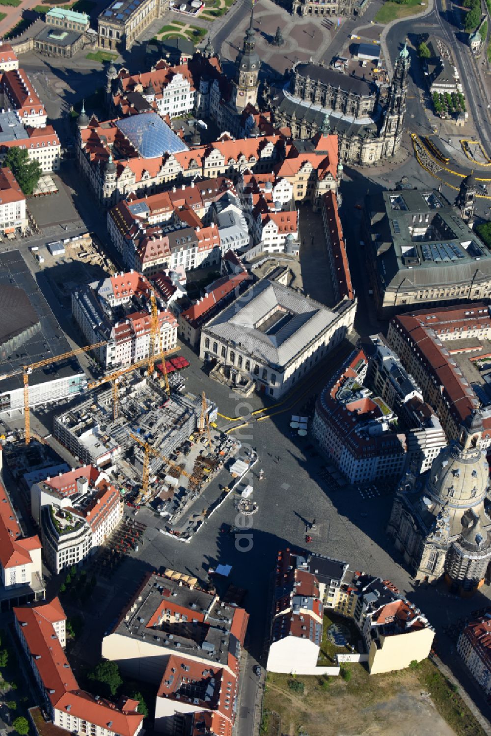 Aerial image Dresden - Construction site of a new building Neumarkt - Palais of USD Immobilien GmbH in Dresden in the state Saxony