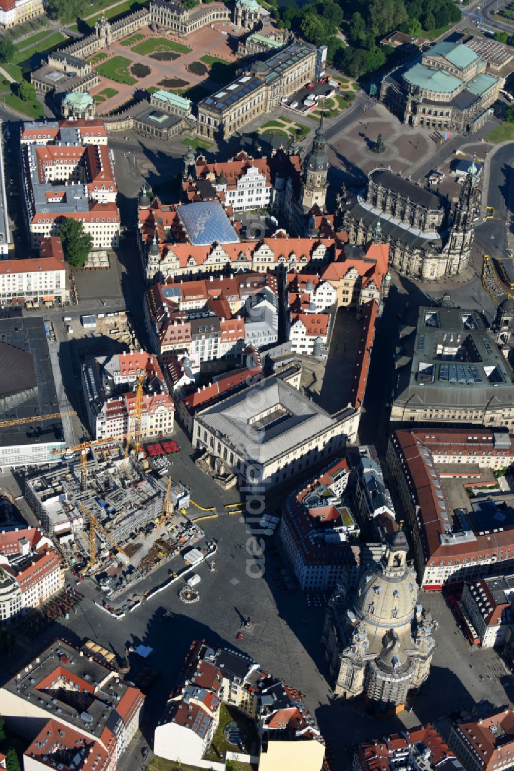 Aerial photograph Dresden - Construction site of a new building Neumarkt - Palais of USD Immobilien GmbH in Dresden in the state Saxony