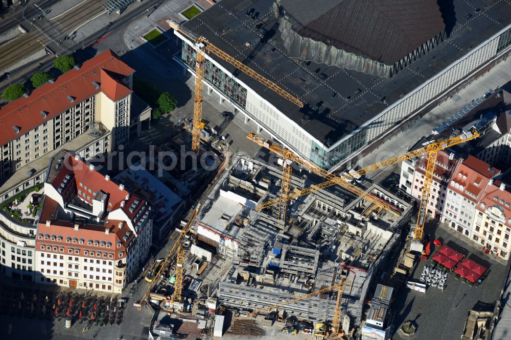 Aerial photograph Dresden - Construction site of a new building Neumarkt - Palais of USD Immobilien GmbH in Dresden in the state Saxony