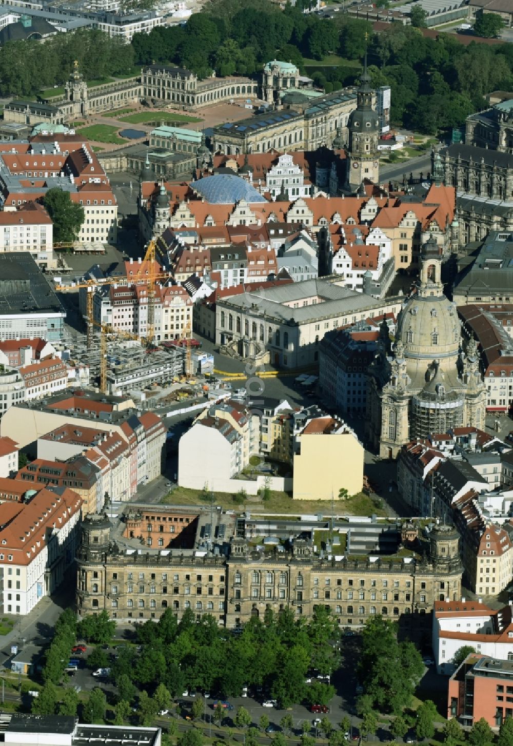 Dresden from the bird's eye view: Construction site of a new building Neumarkt - Palais of USD Immobilien GmbH in Dresden in the state Saxony