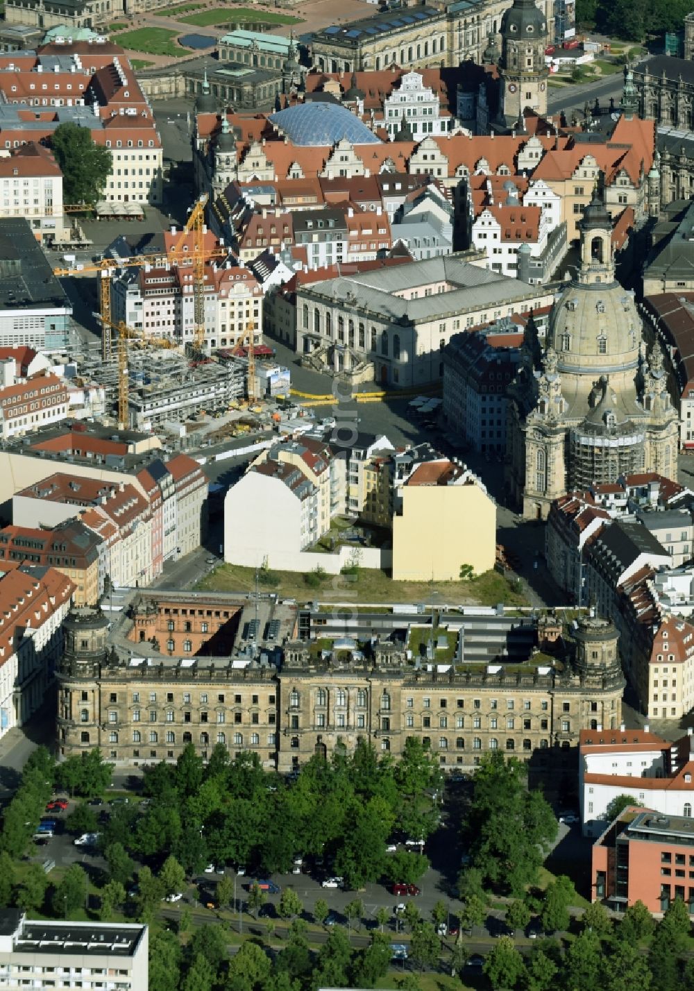 Aerial image Dresden - Construction site of a new building Neumarkt - Palais of USD Immobilien GmbH in Dresden in the state Saxony