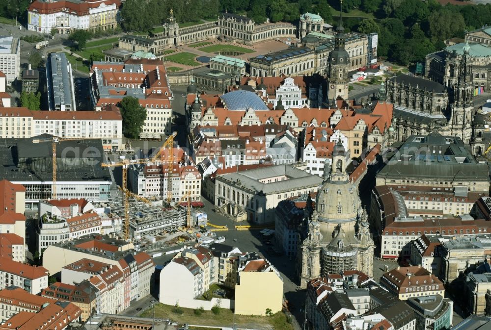 Dresden from above - Construction site of a new building Neumarkt - Palais of USD Immobilien GmbH in Dresden in the state Saxony