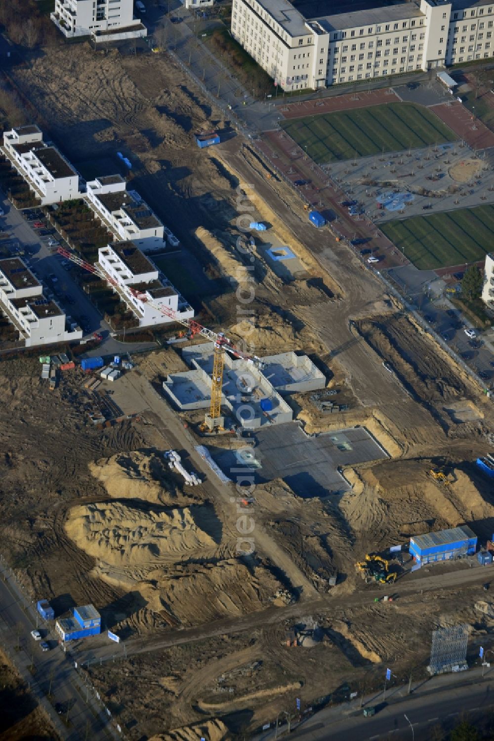 Aerial image Berlin - Construction site of new houses in Truman-Allee in Berlin-Steglitz. The company responsible for the construction is NCC Germany GmbH