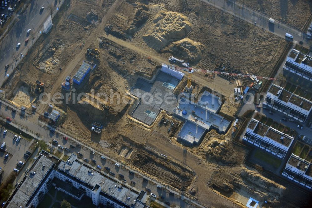 Aerial photograph Berlin - Construction site of new houses in Truman-Allee in Berlin-Steglitz. The company responsible for the construction is NCC Germany GmbH