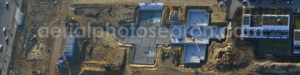 Berlin from above - Construction site of new houses in Truman-Allee in Berlin-Steglitz. The company responsible for the construction is NCC Germany GmbH