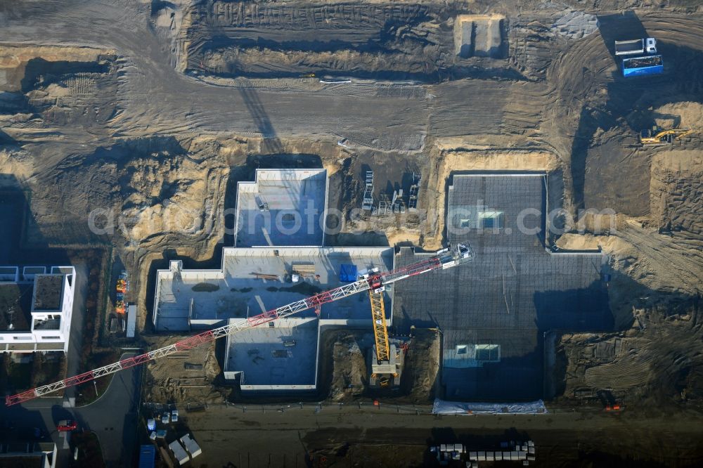 Aerial image Berlin - Construction site of new houses in Truman-Allee in Berlin-Steglitz. The company responsible for the construction is NCC Germany GmbH