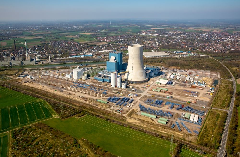 Datteln from the bird's eye view: Construction site of new coal-fired power plant dates on the Dortmund-Ems Canal