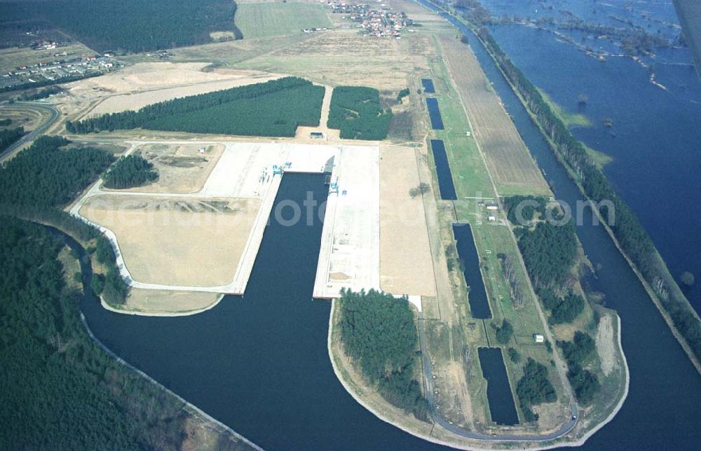 Aerial image Schwedt / Oder - Baustelle des neuen Binnenhafens in Schwedt / Oder. 11.03.02