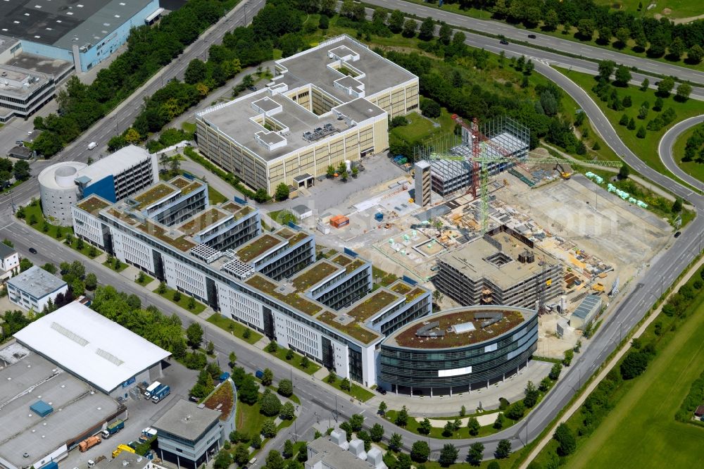 München from above - Construction site of a new office building complex adjacent to the company headquarters of IBM Germany in the Trudering-Riem part of Munich in the state of Bavaria