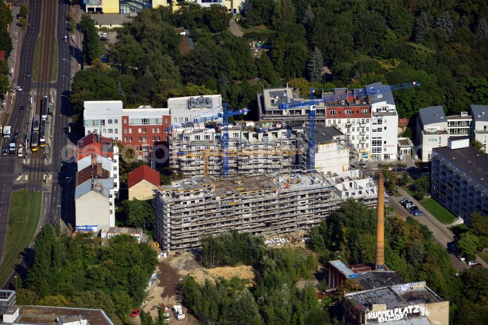 Berlin Friedrichshain from above - Construction site of a new apartment building at Matthiasstrasse near Landsberger Allee in the district Friedrichshain in Berlin