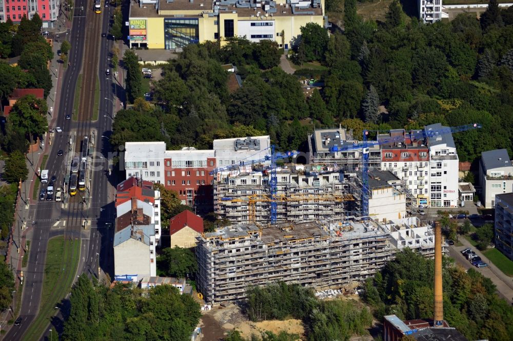 Berlin Friedrichshain from the bird's eye view: Construction site of a new apartment building at Matthiasstrasse near Landsberger Allee in the district Friedrichshain in Berlin