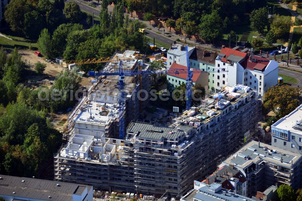 Aerial image Berlin Friedrichshain - Construction site of a new apartment building at Matthiasstrasse near Landsberger Allee in the district Friedrichshain in Berlin