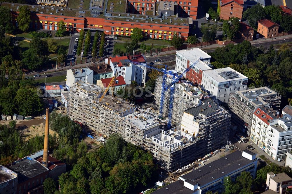 Berlin Friedrichshain from above - Construction site of a new apartment building at Matthiasstrasse near Landsberger Allee in the district Friedrichshain in Berlin