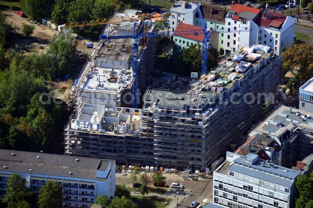 Aerial photograph Berlin Friedrichshain - Construction site of a new apartment building at Matthiasstrasse near Landsberger Allee in the district Friedrichshain in Berlin