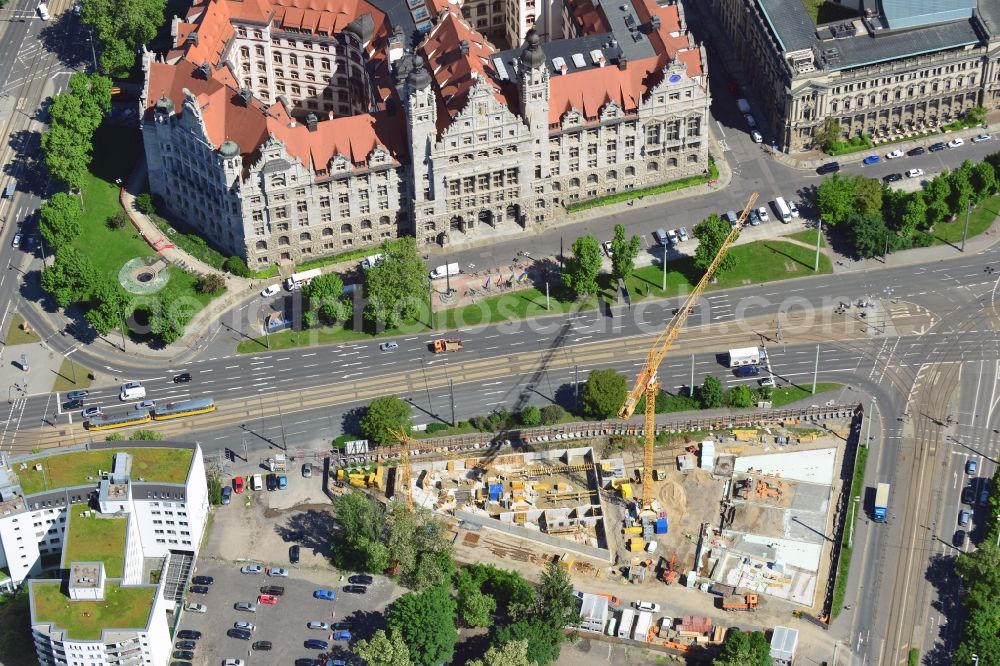 Leipzig from above - Construction site of the new church in the city center of Leipzig in the state of Saxony. View of the new town hall opposite which the new catholic church is being developed as part of a redevelopment of the area Roßplatz and Wilhelm Leuschner Platz at the inner city ring