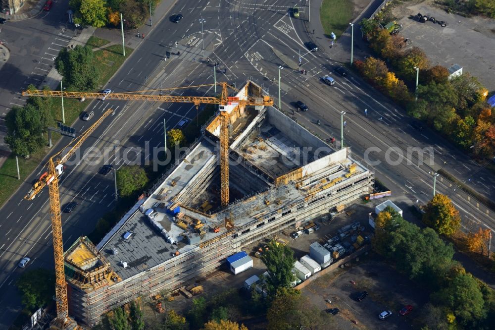 Leipzig from above - Construction site of the new church in the city center of Leipzig in the state of Saxony. View of the new town hall opposite which the new catholic church is being developed as part of a redevelopment of the area Roßplatz and Wilhelm Leuschner Platz at the inner city ring