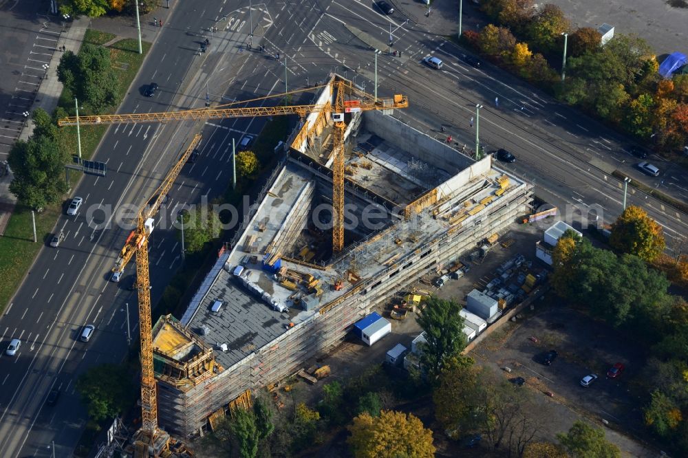 Leipzig from the bird's eye view: Construction site of the new church in the city center of Leipzig in the state of Saxony. View of the new town hall opposite which the new catholic church is being developed as part of a redevelopment of the area Roßplatz and Wilhelm Leuschner Platz at the inner city ring