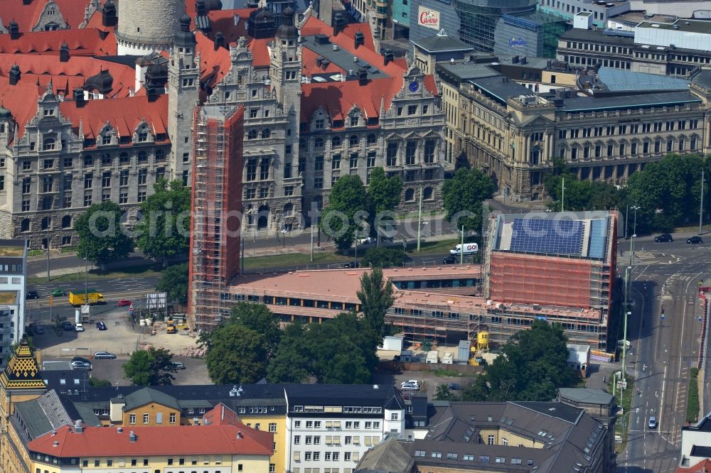 Leipzig from the bird's eye view: Construction site of the new church in the city center of Leipzig in the state of Saxony. View of the new town hall opposite which the new catholic church is being developed as part of a redevelopment of the area Roßplatz and Wilhelm Leuschner Platz at the inner city ring