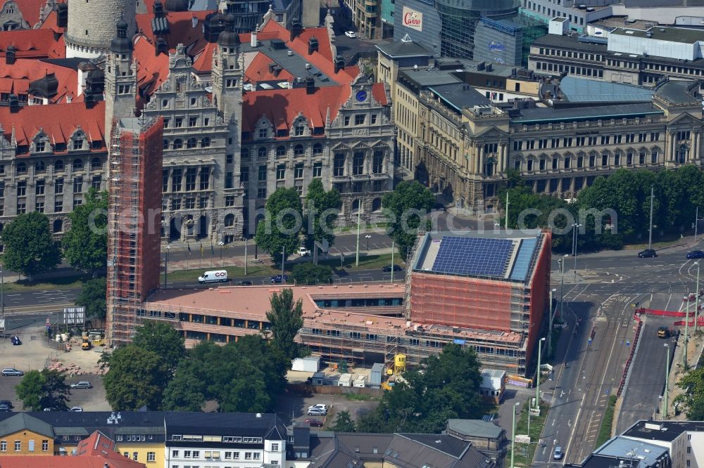 Aerial photograph Leipzig - Construction site of the new church in the city center of Leipzig in the state of Saxony. View of the new town hall opposite which the new catholic church is being developed as part of a redevelopment of the area Roßplatz and Wilhelm Leuschner Platz at the inner city ring