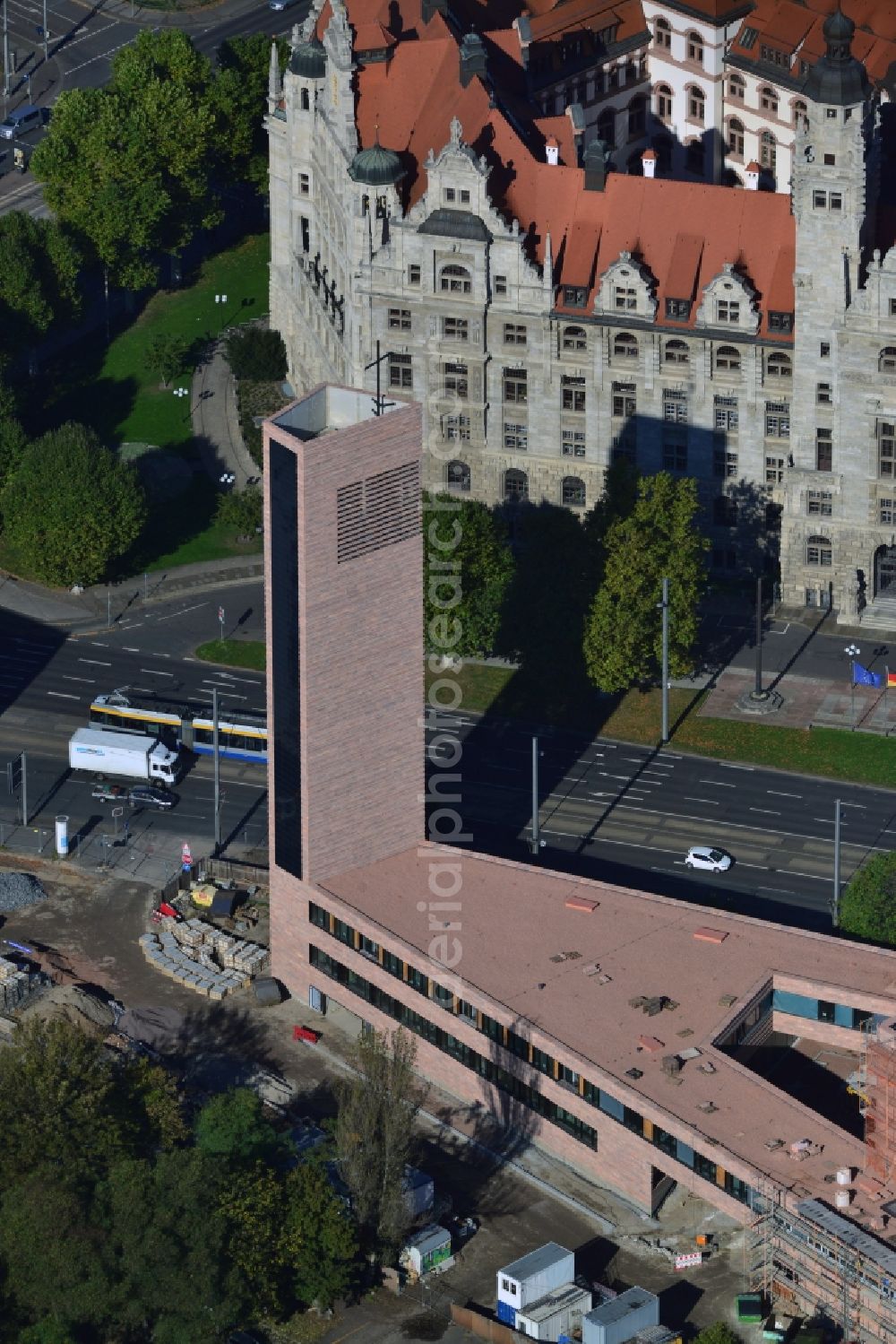 Leipzig from the bird's eye view: Construction site of the new church in the city center of Leipzig in the state of Saxony. View of the new town hall opposite which the new catholic church is being developed as part of a redevelopment of the area Rossplatz