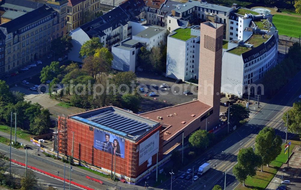 Leipzig from above - Construction site of the new church in the city center of Leipzig in the state of Saxony. View of the new town hall opposite which the new catholic church is being developed as part of a redevelopment of the area Rossplatz