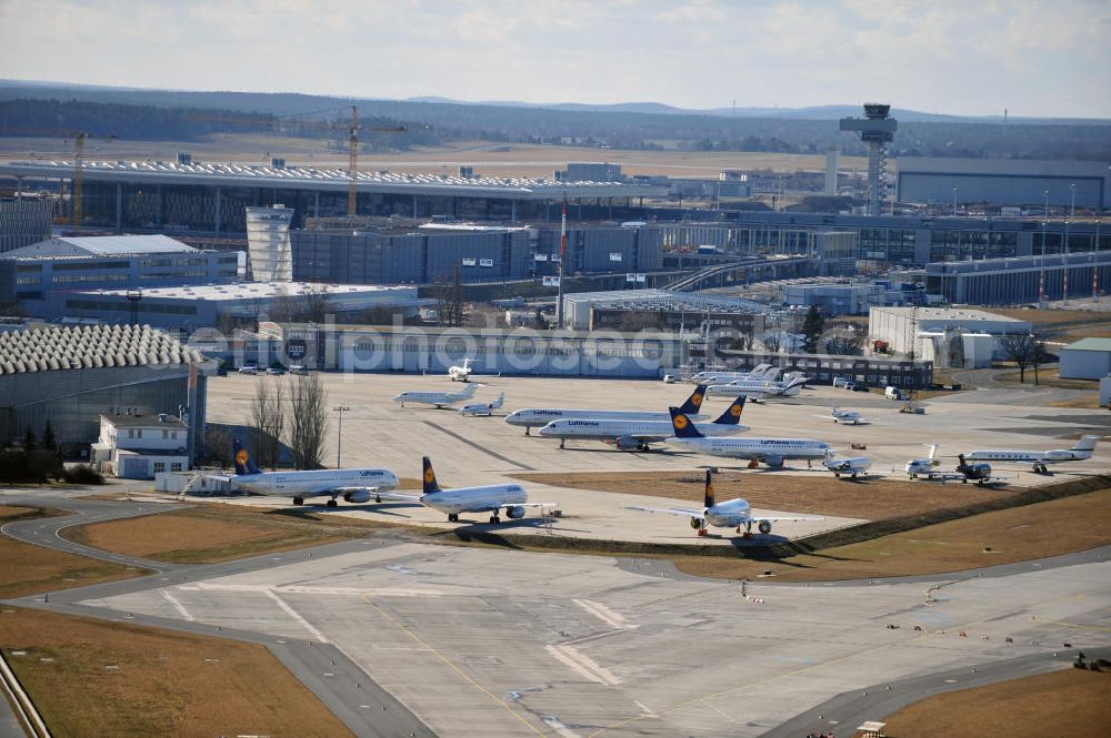 Schönefeld from above - Construction area of the new terminal at Schönefeld Airport (BBI). The new terminal is in the south of the airport Berlin -Schoenefeld quality built. Exporting companies: Hochtief AG; EUROVIA Beton; PORR; BERGER Bau; Karl Weiss; Matthai; Schäler Bau Berlin GmbH; STRABAG;