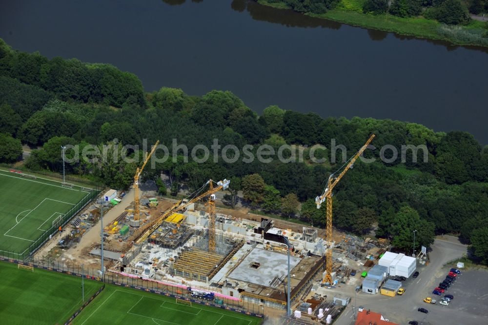 Aerial image Leipzig - View of the building lot of the new training centre of the RB Leipzig ( RasenBallsport Leipzig e. V. ) at the Elsterbecken in the district Altlindenau in Leipzig in the state Saxony