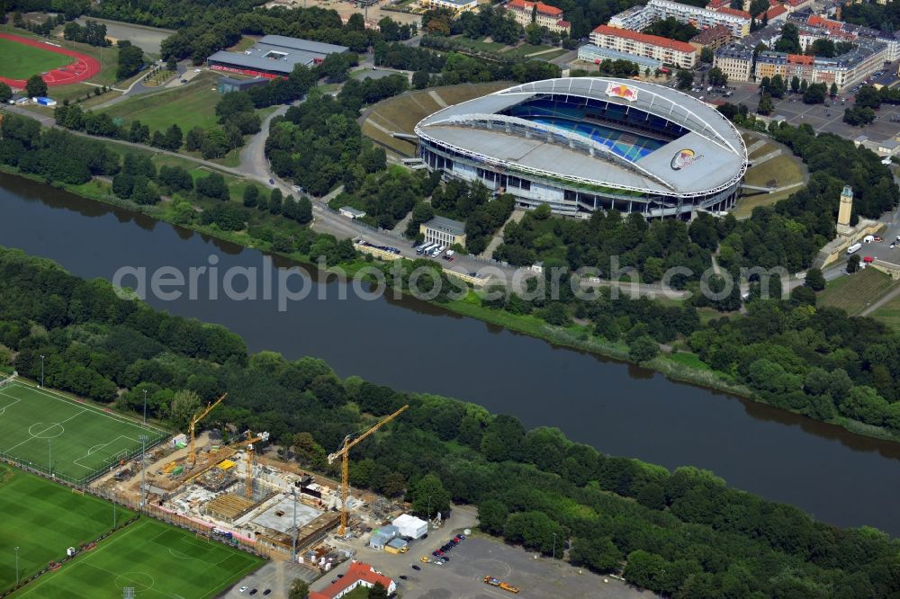 Aerial photograph Leipzig - View of the building lot of the new training centre of the RB Leipzig ( RasenBallsport Leipzig e. V. ) at the Elsterbecken in the district Altlindenau opposite to the Red Bull Arena in Leipzig in the state Saxony