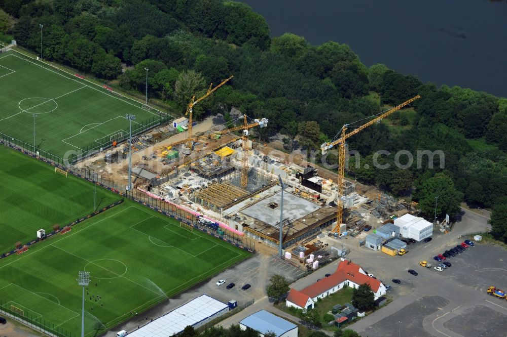 Leipzig from above - View of the building lot of the new training centre of the RB Leipzig ( RasenBallsport Leipzig e. V. ) at the Elsterbecken in the district Altlindenau in Leipzig in the state Saxony