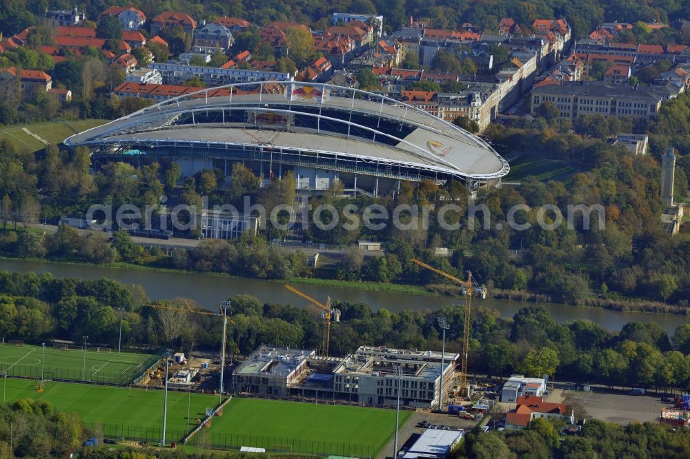 Aerial photograph Leipzig - View of the building lot of the new training centre of the RB Leipzig ( RasenBallsport Leipzig e. V. ) at the Elsterbecken in the district Altlindenau in Leipzig in the state Saxony