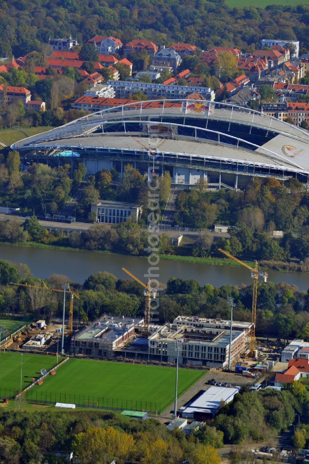 Leipzig from above - View of the building lot of the new training centre of the RB Leipzig ( RasenBallsport Leipzig e. V. ) at the Elsterbecken in the district Altlindenau in Leipzig in the state Saxony