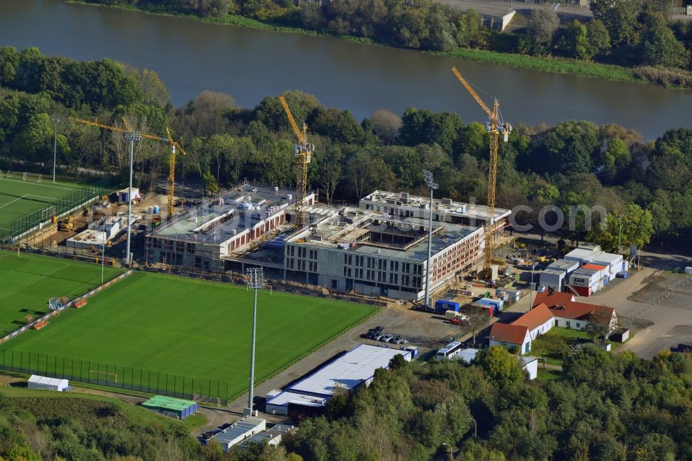 Leipzig from the bird's eye view: View of the building lot of the new training centre of the RB Leipzig ( RasenBallsport Leipzig e. V. ) at the Elsterbecken in the district Altlindenau in Leipzig in the state Saxony