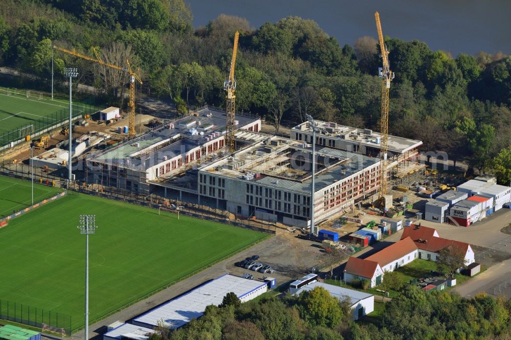 Aerial image Leipzig - View of the building lot of the new training centre of the RB Leipzig ( RasenBallsport Leipzig e. V. ) at the Elsterbecken in the district Altlindenau in Leipzig in the state Saxony