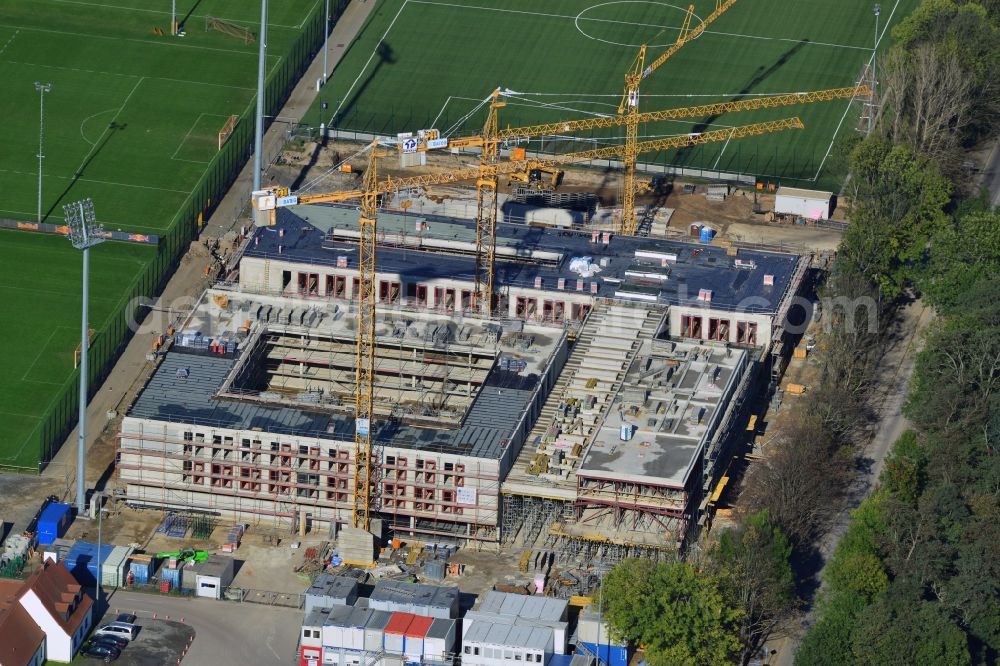 Aerial image Leipzig - View of the building lot of the new training centre of the RB Leipzig ( RasenBallsport Leipzig e. V. ) at the Elsterbecken in the district Altlindenau in Leipzig in the state Saxony