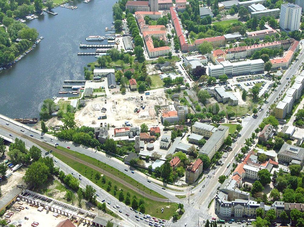 Potsdam / BRB from the bird's eye view: Baustelle eines neuen Wohn -und Geschäftshauses auf den Gelände an der Humboldtbrücke in Potsdam