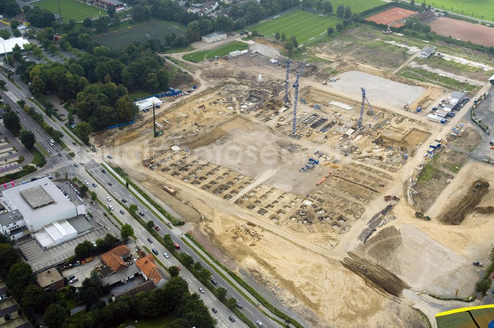 Aerial photograph Aachen - Baustelle des Stadion des Fußballklubs Alemannia Aachen, dem Neuen Tivoli. Die Baustelle der WALTER HELLMICH GmbH bietet Platz für bis zu 33.000 Zuschauern und liegt im Sportpark Soers. Construction site of the stadium of the football club Alemannia Aachen, the new Tivoli.