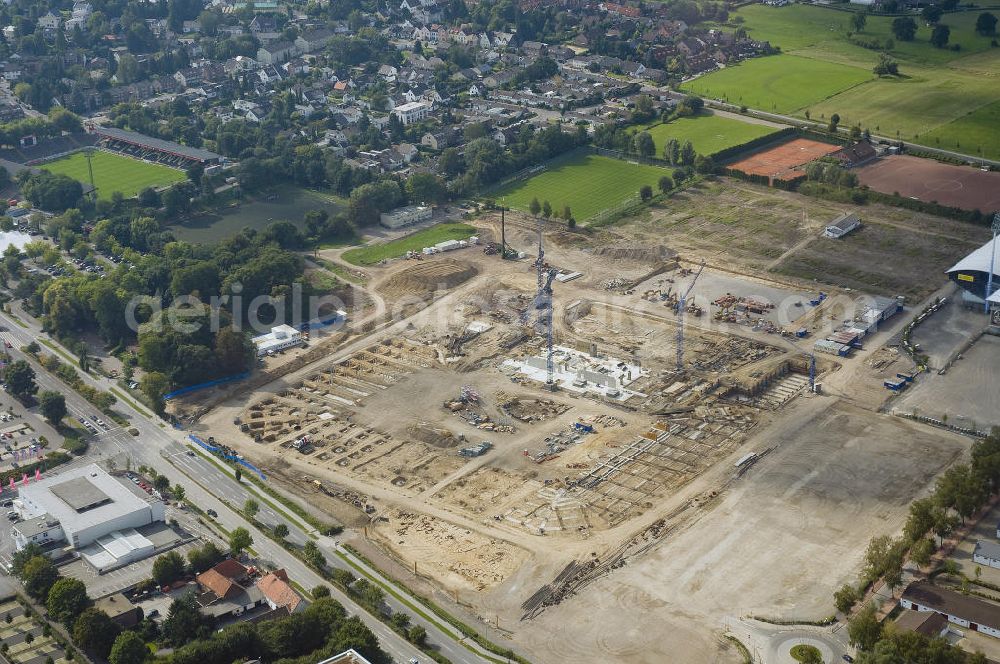 Aachen from above - Baustelle des Stadion des Fußballklubs Alemannia Aachen, dem Neuen Tivoli. Die Baustelle der WALTER HELLMICH GmbH bietet Platz für bis zu 33.000 Zuschauern und liegt im Sportpark Soers. Construction site of the stadium of the football club Alemannia Aachen, the new Tivoli.