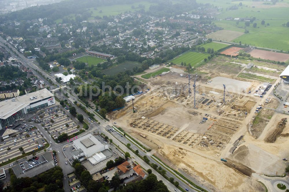 Aachen from the bird's eye view: Baustelle des Stadion des Fußballklubs Alemannia Aachen, dem Neuen Tivoli. Die Baustelle der WALTER HELLMICH GmbH bietet Platz für bis zu 33.000 Zuschauern und liegt im Sportpark Soers. Construction site of the stadium of the football club Alemannia Aachen, the new Tivoli.