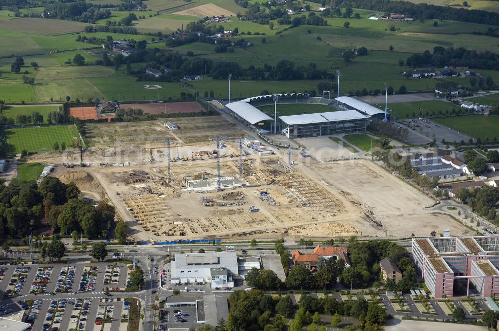 Aerial image Aachen - Baustelle des Stadion des Fußballklubs Alemannia Aachen, dem Neuen Tivoli. Die Baustelle der WALTER HELLMICH GmbH bietet Platz für bis zu 33.000 Zuschauern und liegt im Sportpark Soers. Construction site of the stadium of the football club Alemannia Aachen, the new Tivoli.