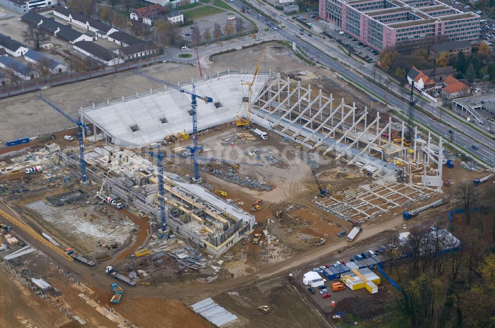 Aachen from above - Baustelle des Stadion des Fußballklubs Alemannia Aachen, dem Neuen Tivoli. Die Baustelle der WALTER HELLMICH GmbH bietet Platz für bis zu 33.000 Zuschauern und liegt im Sportpark Soers. Construction site of the stadium of the football club Alemannia Aachen, the new Tivoli.