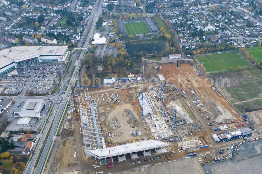 Aachen from the bird's eye view: Baustelle des Stadion des Fußballklubs Alemannia Aachen, dem Neuen Tivoli. Die Baustelle der WALTER HELLMICH GmbH bietet Platz für bis zu 33.000 Zuschauern und liegt im Sportpark Soers. Construction site of the stadium of the football club Alemannia Aachen, the new Tivoli.