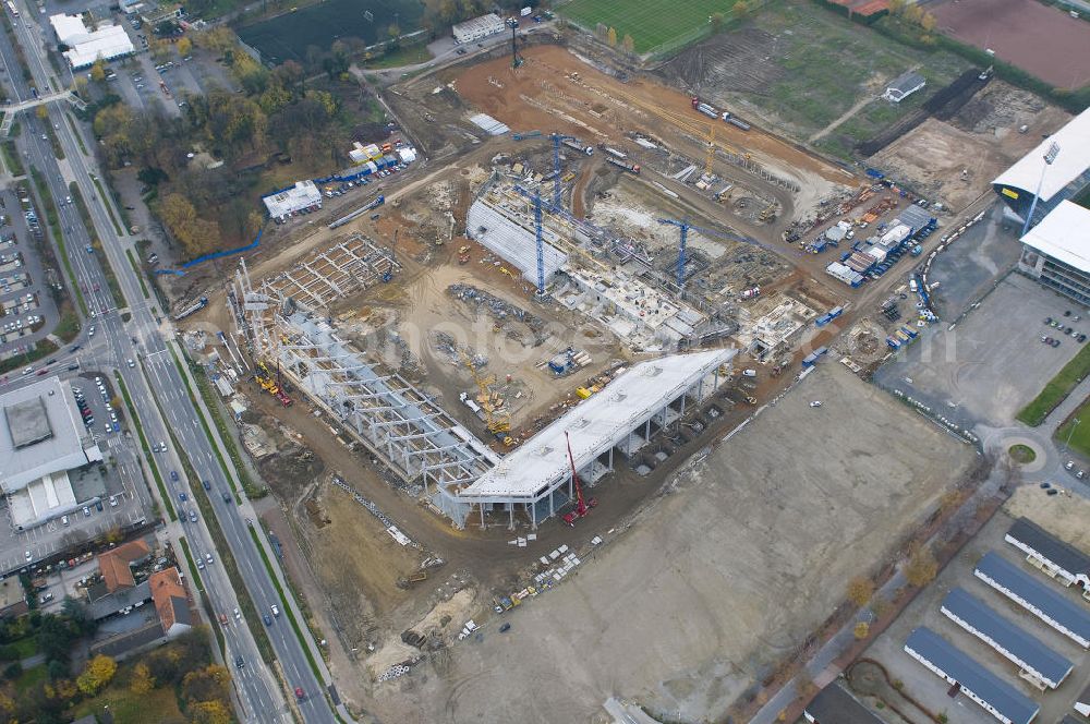 Aerial photograph Aachen - Baustelle des Stadion des Fußballklubs Alemannia Aachen, dem Neuen Tivoli. Die Baustelle der WALTER HELLMICH GmbH bietet Platz für bis zu 33.000 Zuschauern und liegt im Sportpark Soers. Construction site of the stadium of the football club Alemannia Aachen, the new Tivoli.