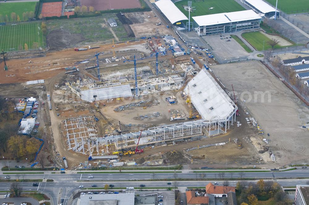 Aachen from above - Baustelle des Stadion des Fußballklubs Alemannia Aachen, dem Neuen Tivoli. Die Baustelle der WALTER HELLMICH GmbH bietet Platz für bis zu 33.000 Zuschauern und liegt im Sportpark Soers. Construction site of the stadium of the football club Alemannia Aachen, the new Tivoli.