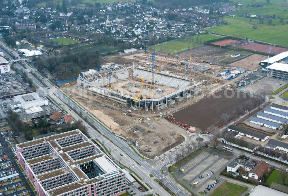 Aachen from the bird's eye view: Baustelle des Stadion des Fußballklubs Alemannia Aachen, dem Neuen Tivoli. Die Baustelle der WALTER HELLMICH GmbH bietet Platz für bis zu 33.000 Zuschauern und liegt im Sportpark Soers. Construction site of the stadium of the football club Alemannia Aachen, the new Tivoli.