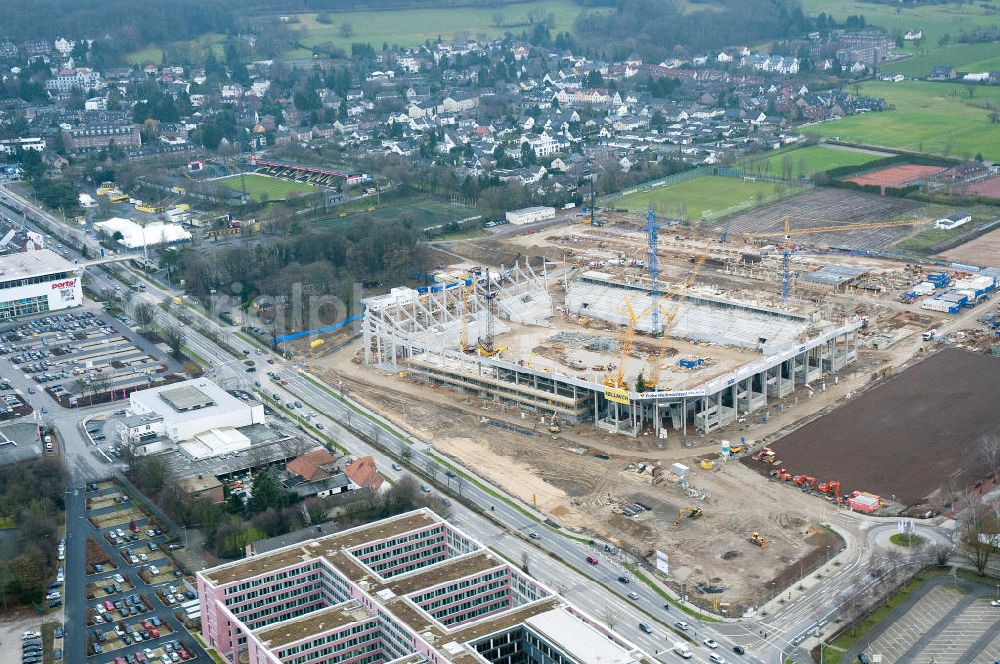 Aerial image Aachen - Baustelle des Stadion des Fußballklubs Alemannia Aachen, dem Neuen Tivoli. Die Baustelle der WALTER HELLMICH GmbH bietet Platz für bis zu 33.000 Zuschauern und liegt im Sportpark Soers. Construction site of the stadium of the football club Alemannia Aachen, the new Tivoli.