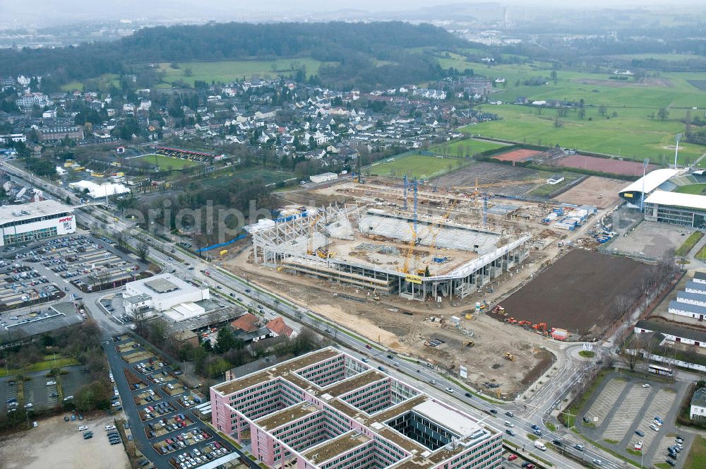 Aerial photograph Aachen - Baustelle des Stadion des Fußballklubs Alemannia Aachen, dem Neuen Tivoli. Die Baustelle der WALTER HELLMICH GmbH bietet Platz für bis zu 33.000 Zuschauern und liegt im Sportpark Soers. Construction site of the stadium of the football club Alemannia Aachen, the new Tivoli.