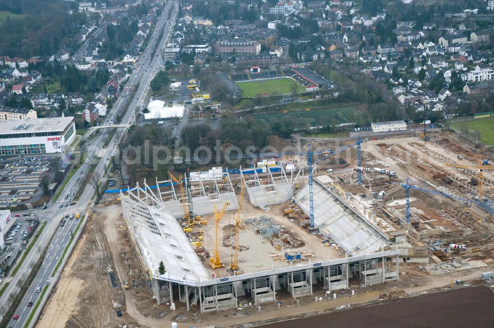 Aachen from above - Baustelle des Stadion des Fußballklubs Alemannia Aachen, dem Neuen Tivoli. Die Baustelle der WALTER HELLMICH GmbH bietet Platz für bis zu 33.000 Zuschauern und liegt im Sportpark Soers. Construction site of the stadium of the football club Alemannia Aachen, the new Tivoli.